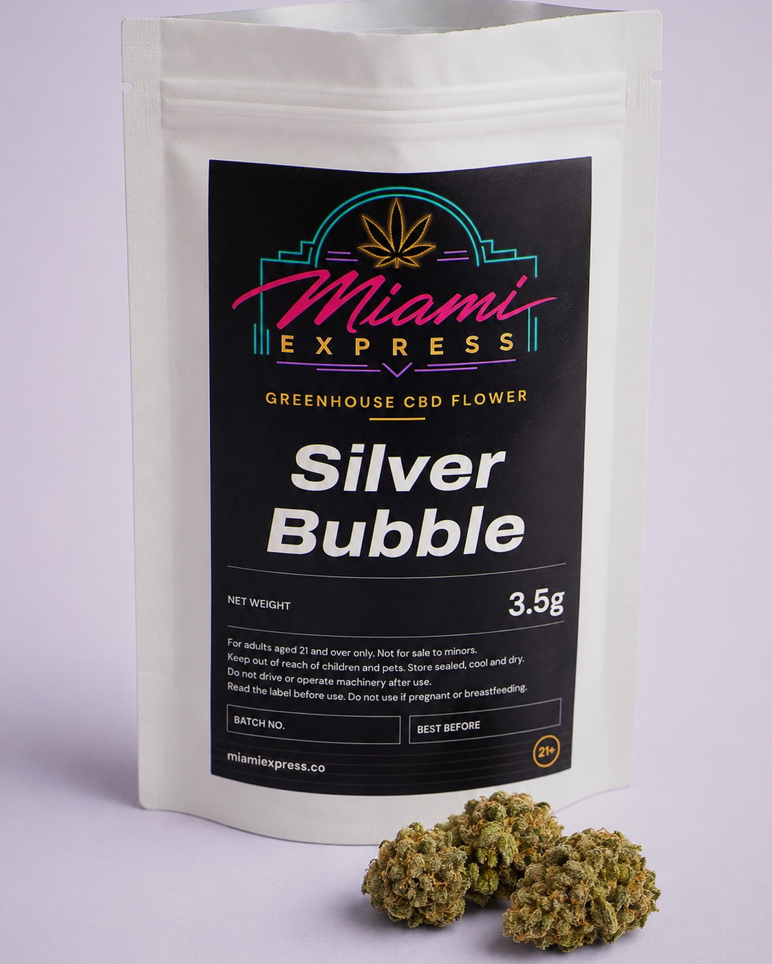 Silver Bubble CBD Flower shown alongside the white resealable bag