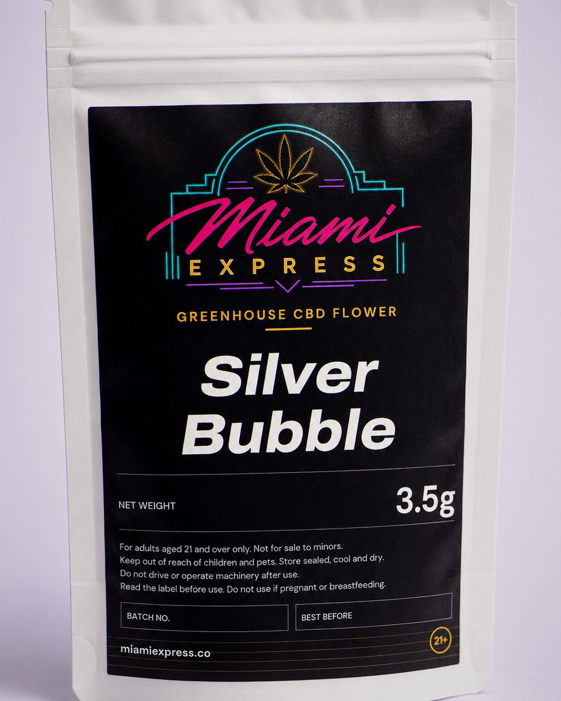 Close-up of the Silver Bubble CBD Flower label on the white resealable bag