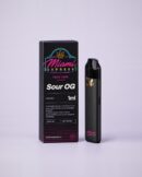 Sour OG THCP Vape front view, matte black box and CCELL Easy Bar device on a pale lilac studio background