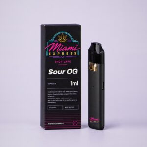 Sour OG THCP Vape front view, matte black box and CCELL Easy Bar device on a pale lilac studio background