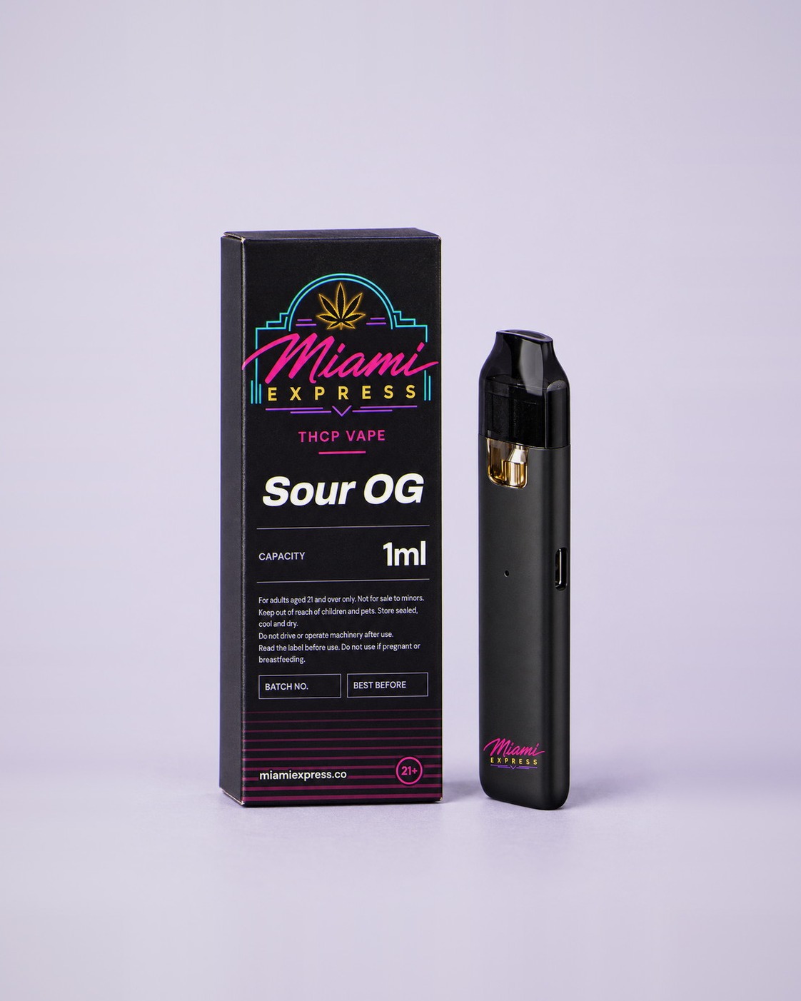 Sour OG THCP Vape front view, matte black box and CCELL Easy Bar device on a pale lilac studio background