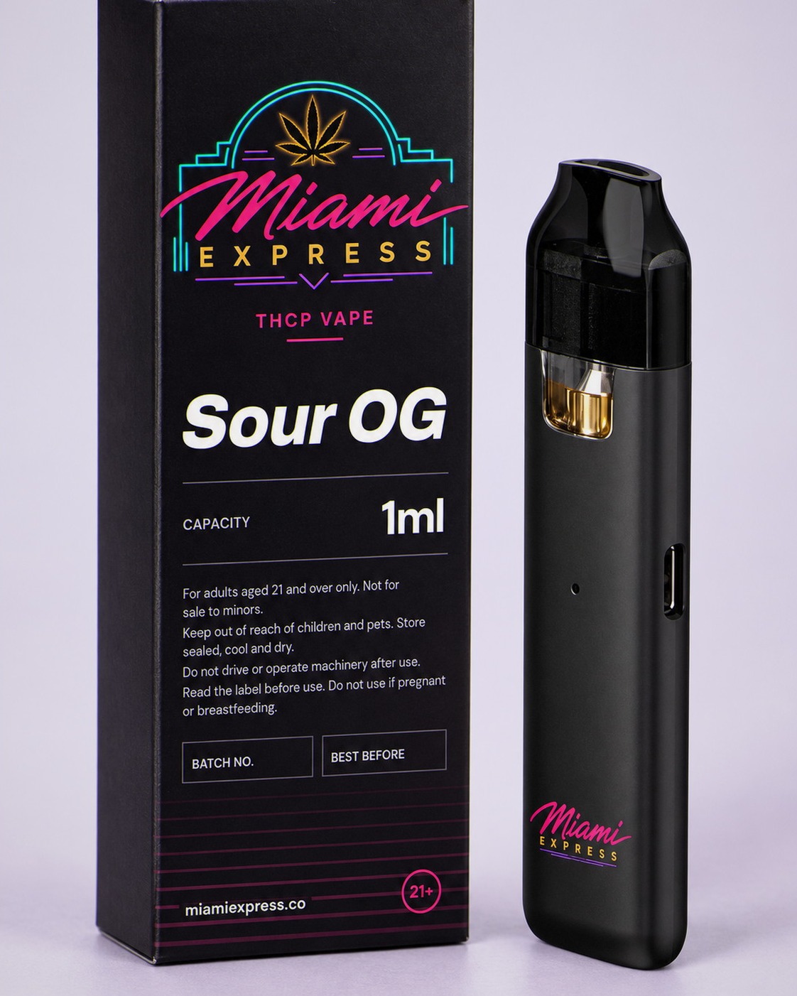 Sour OG THCP Vape angled view showing the label on the matte black box and CCELL Easy Bar device