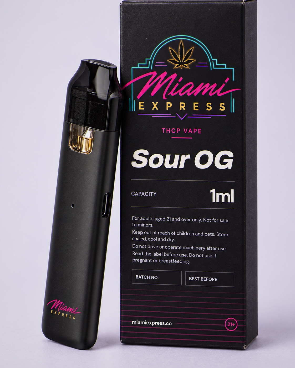 Sour OG THCP Vape shown alongside the matte black box and CCELL Easy Bar device