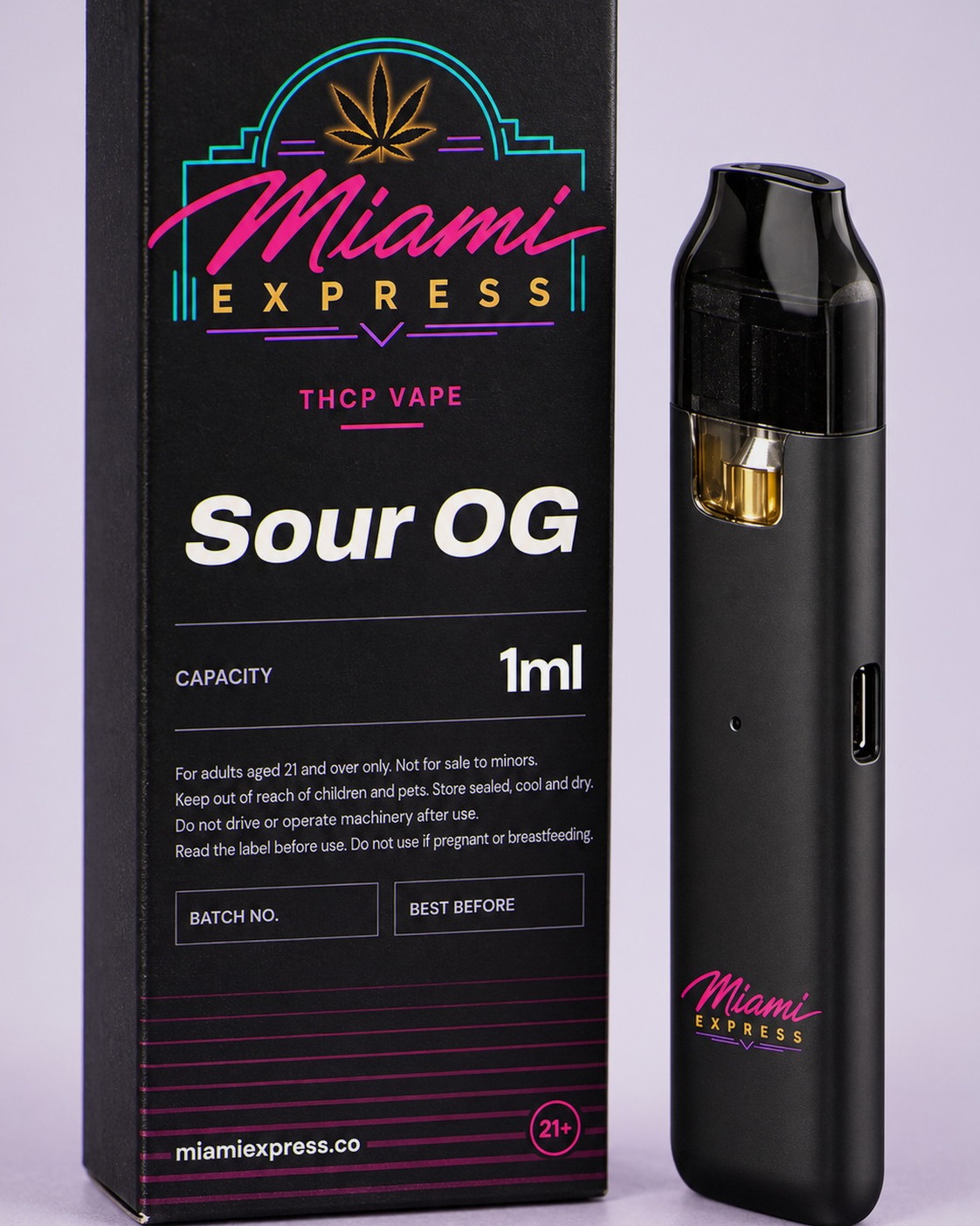 Close-up of the Sour OG THCP Vape label on the matte black box and CCELL Easy Bar device