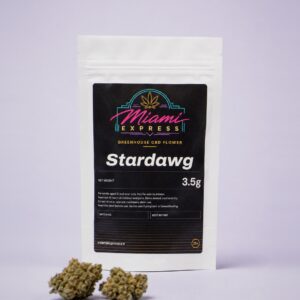 Stardawg CBD Flower front view, white resealable bag on a pale lilac studio background