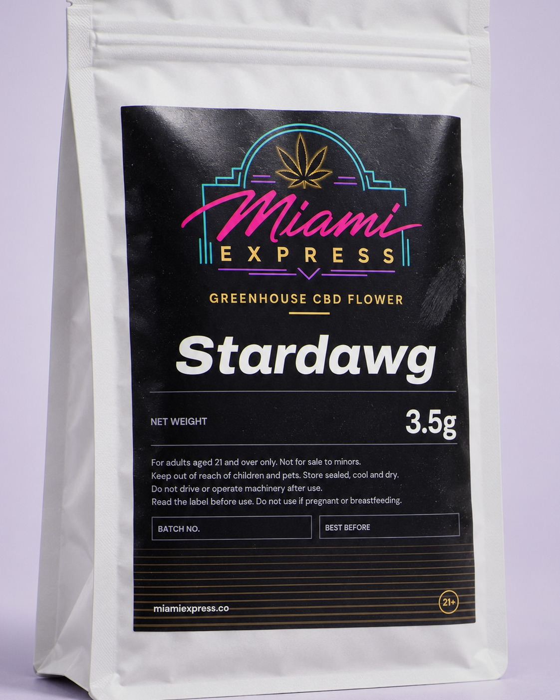 Stardawg CBD Flower angled view showing the label on the white resealable bag
