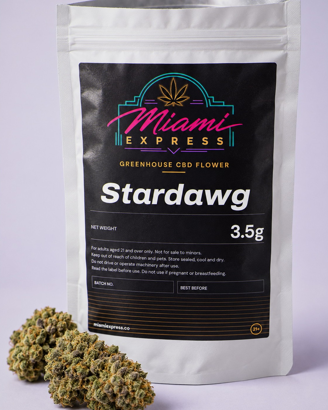 Stardawg CBD Flower shown alongside the white resealable bag