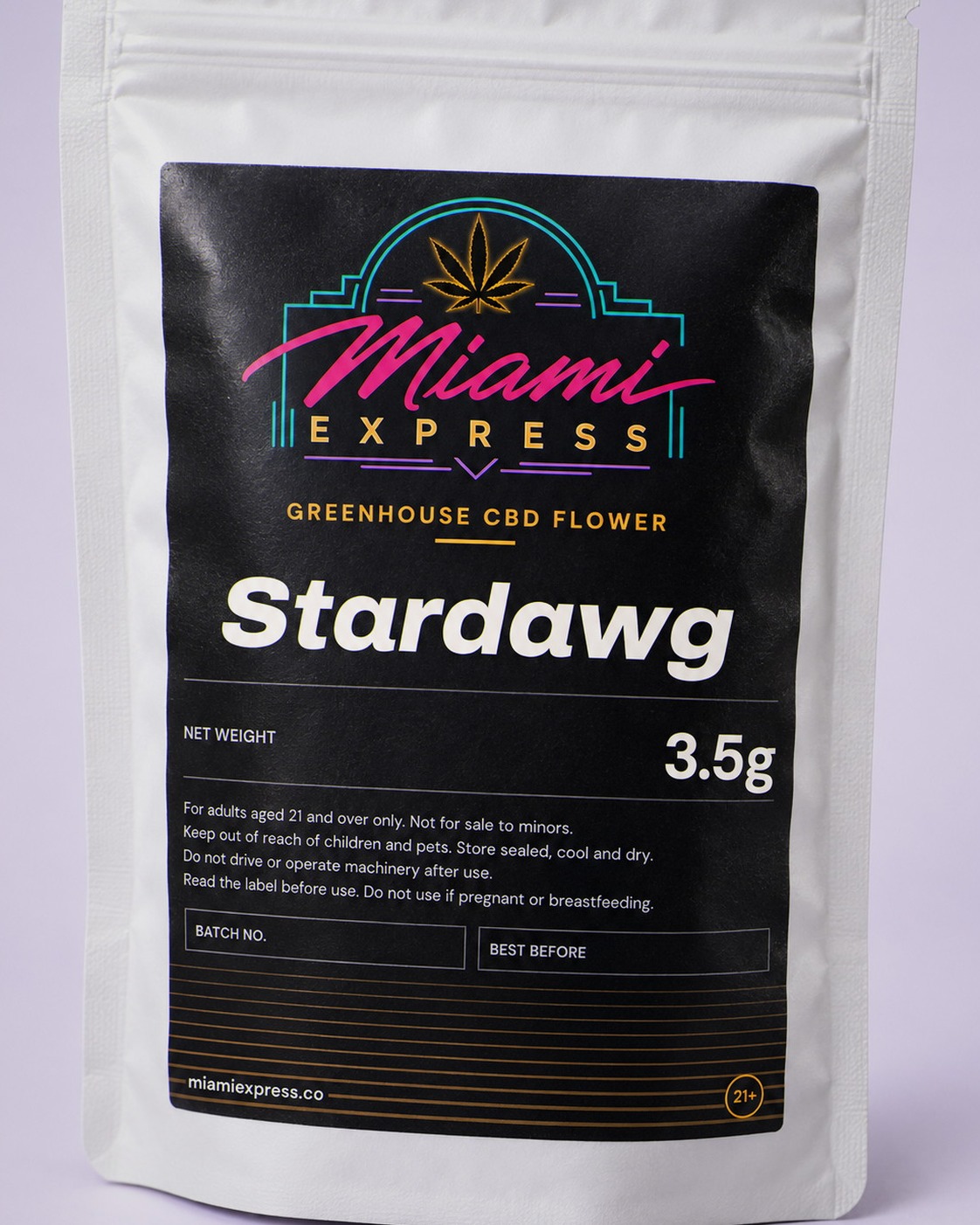 Close-up of the Stardawg CBD Flower label on the white resealable bag
