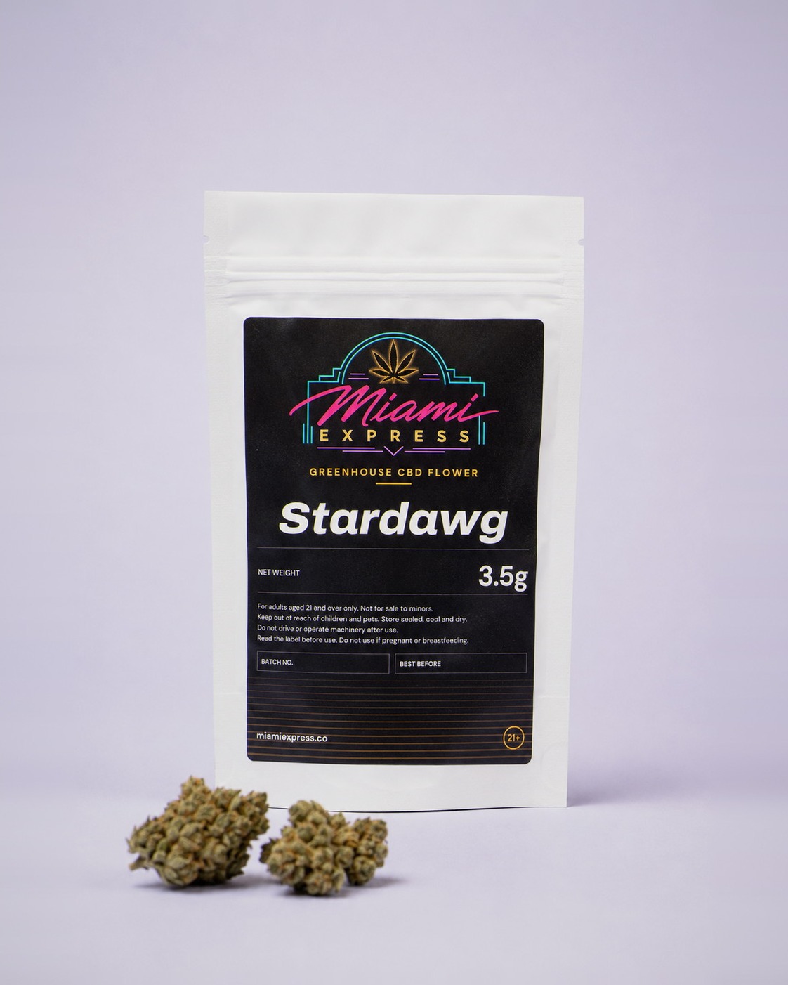 Stardawg CBD Flower front view, white resealable bag on a pale lilac studio background