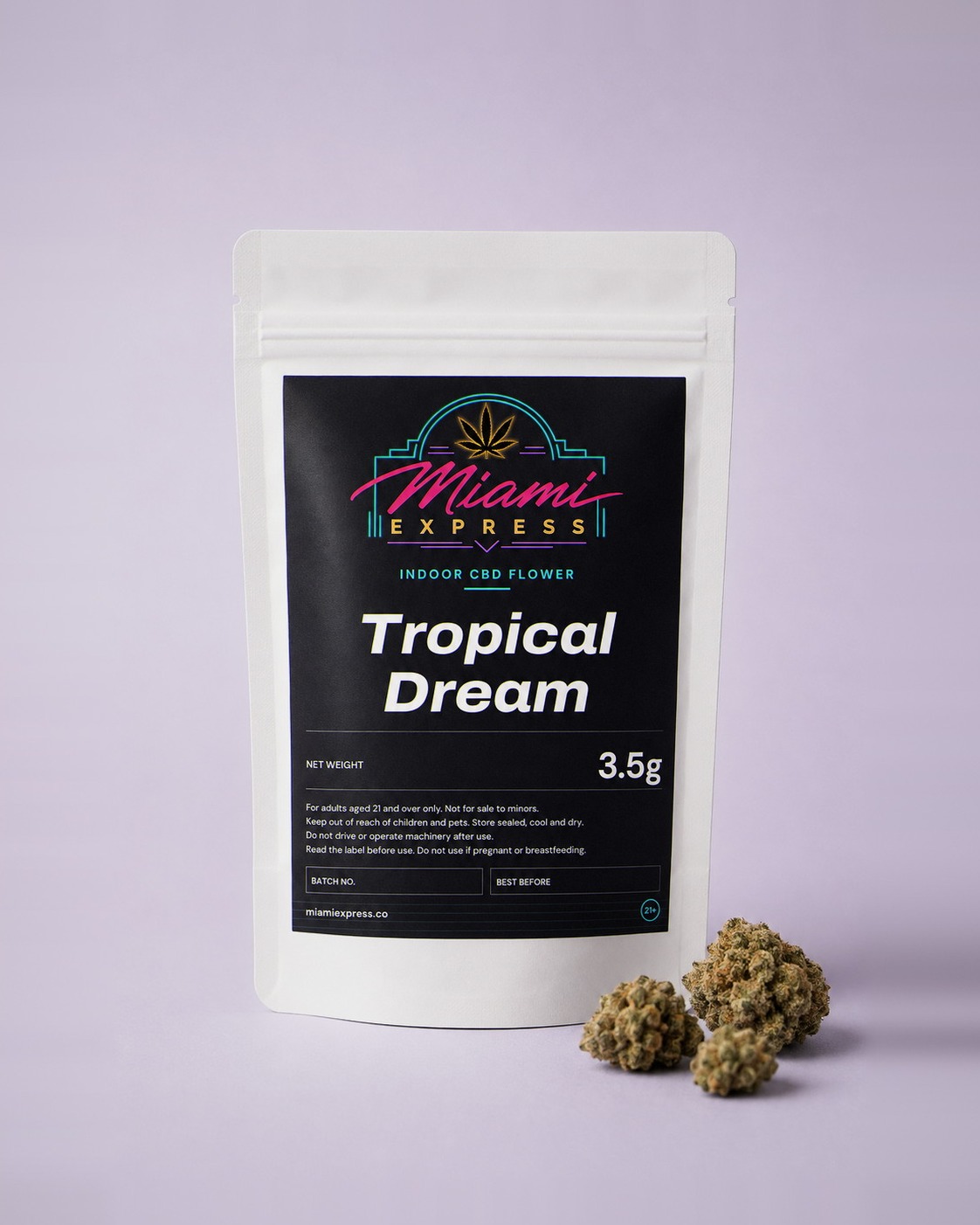 Tropical Dream CBD Flower front view, white resealable bag on a pale lilac studio background