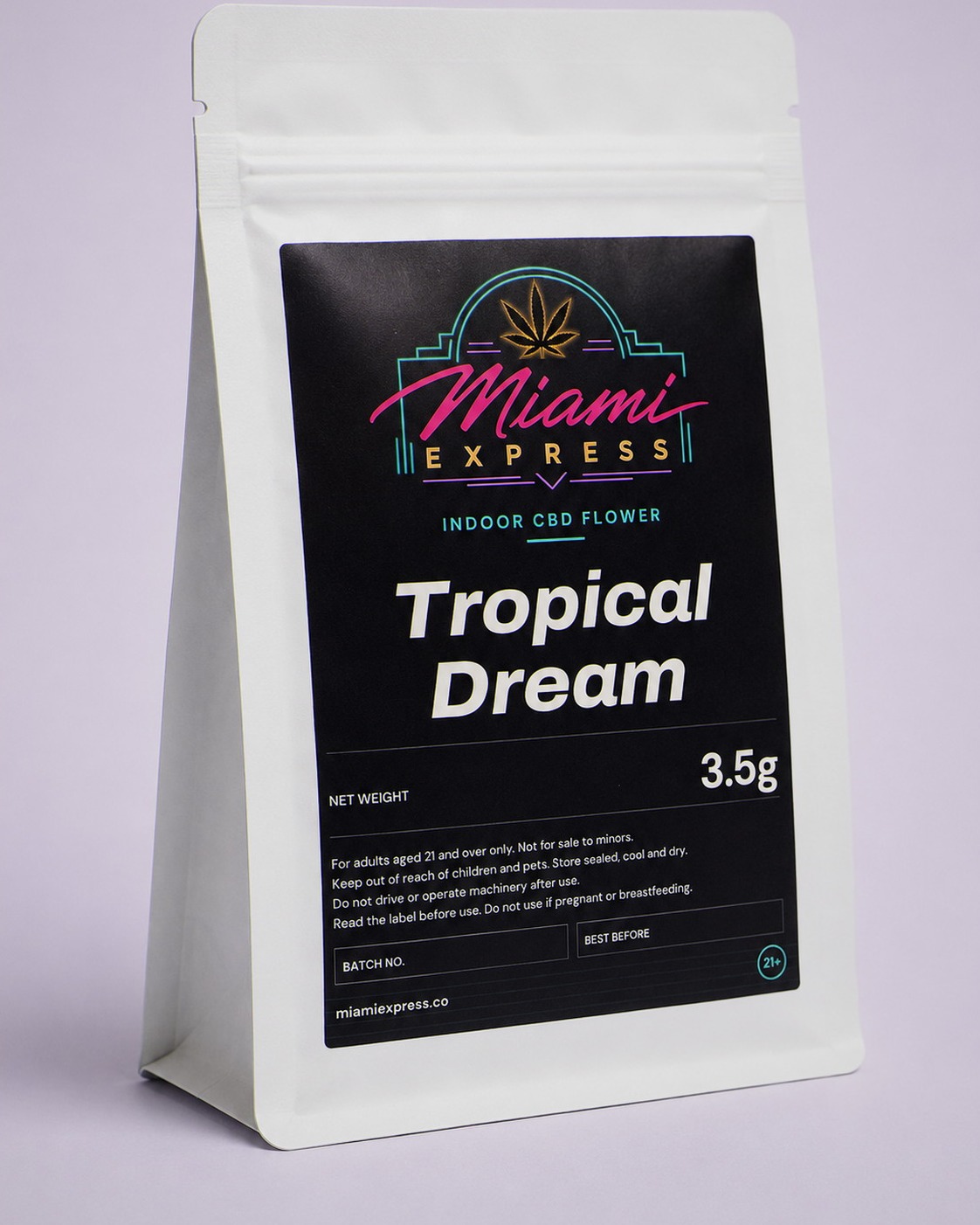 Tropical Dream CBD Flower angled view showing the label on the white resealable bag
