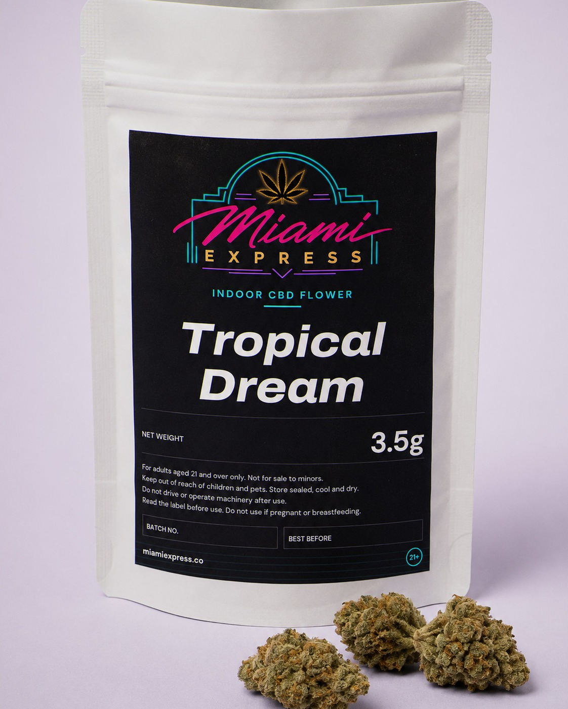 Tropical Dream CBD Flower shown alongside the white resealable bag