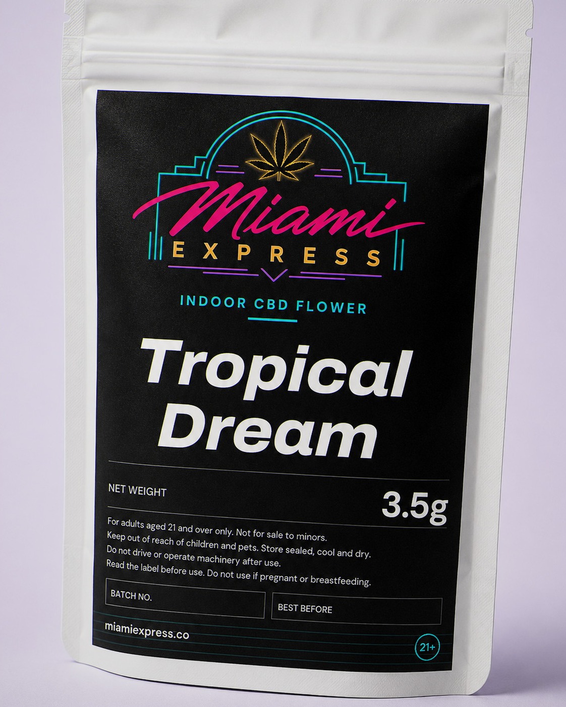 Close-up of the Tropical Dream CBD Flower label on the white resealable bag