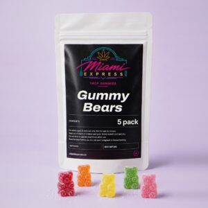 THCP Gummy Bears front view, white resealable bag on a pale lilac studio background