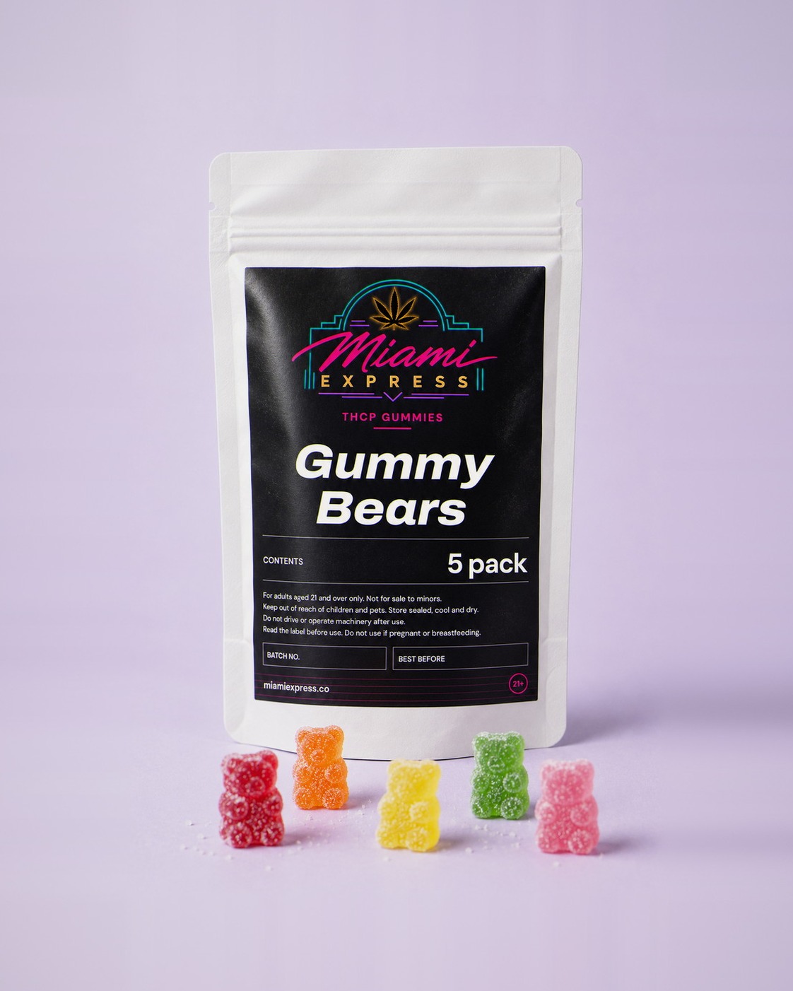 THCP Gummy Bears front view, white resealable bag on a pale lilac studio background