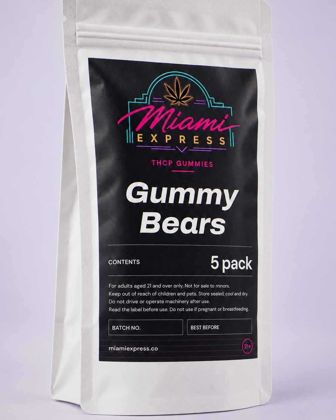 THCP Gummy Bears angled view showing the label on the white resealable bag