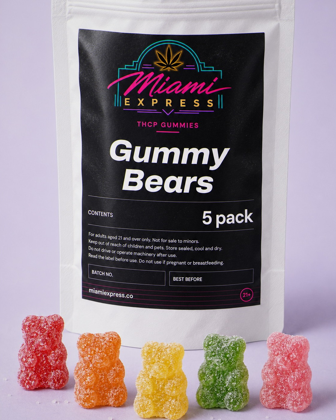 THCP Gummy Bears shown alongside the white resealable bag