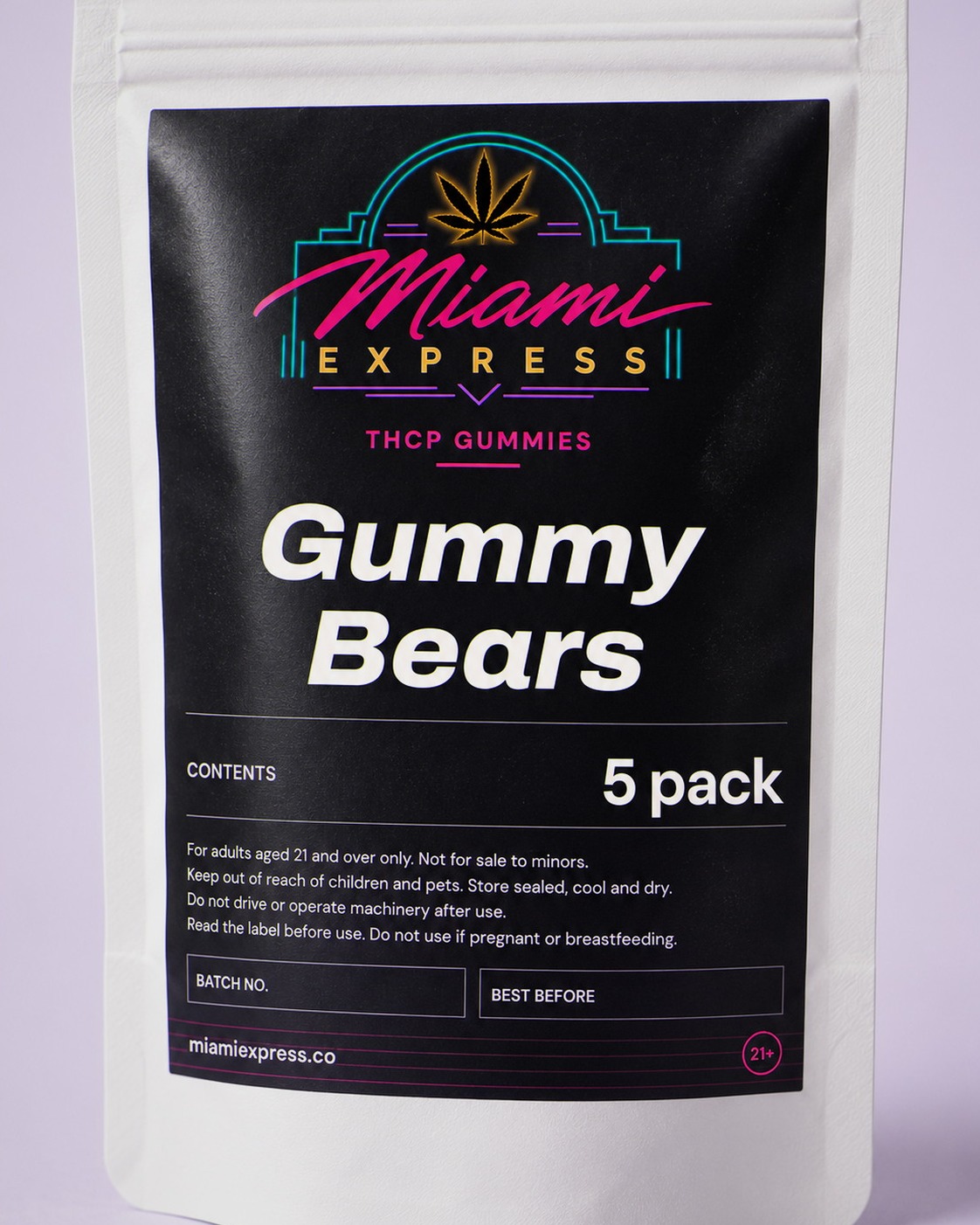 Close-up of the THCP Gummy Bears label on the white resealable bag
