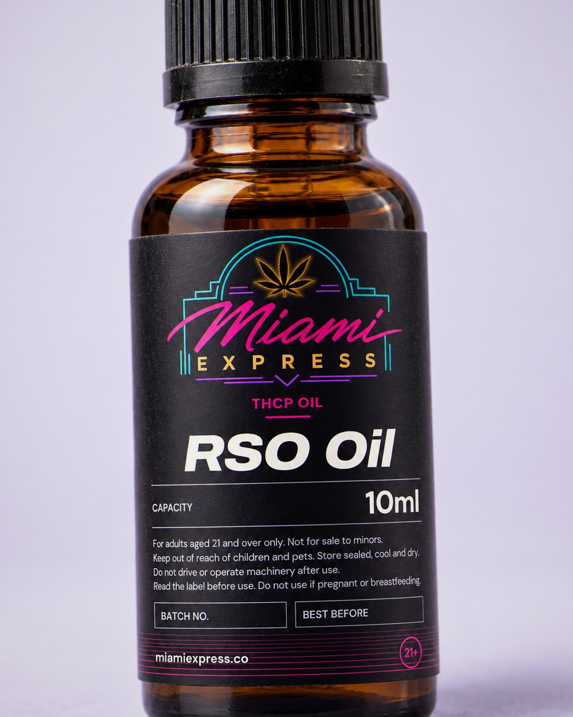 Close-up of the THCP RSO Oil label on the 10ml amber glass bottle
